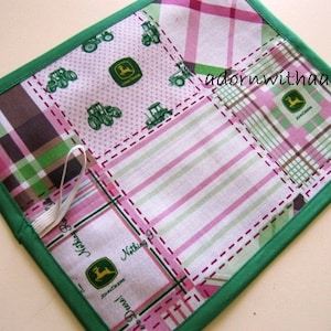 Chalkimamy TRAVEL chalkboard mat/ placemat made with pink plaid John Deere licensed fabric a image 1