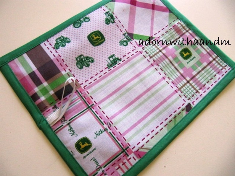 Chalkimamy TRAVEL chalkboard mat/ placemat made with pink plaid John Deere licensed fabric a image 1
