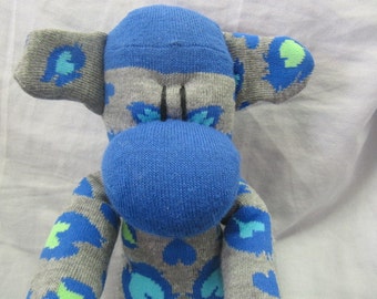 Sockimamy Skyler the LONG blue, gray leopard print sock monkey, hand stitched, retro monkey, bright colors, plushie, baby safe, nursery gift
