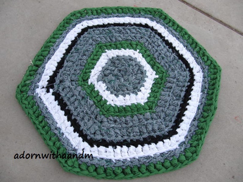 Irish Hexagon Crocheted Rag Rug, Eco Friendly, Washable, Green Color