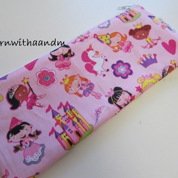 Zippered pencil case made with Michael Millers 'lil princess fabric, castles, unicorn, zippered pouch, school supply, homeschool, organizer