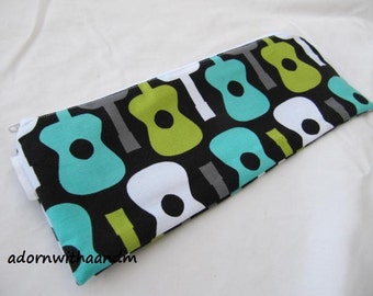 Zippered case made with Michael Miller groovy guitars fabric, classic guitar, retro, zipper pouch, school supply, homeschool, organize