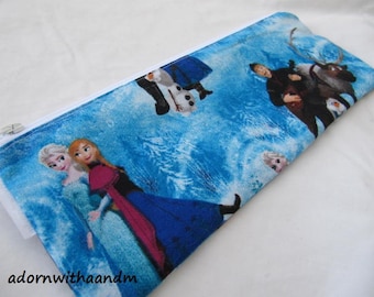 Zippered pencil case made with Disneys blue Frozen fabric, zippered pouch, Elsa, Anna, olaf, snowflake, school supply, homeschool, organizer