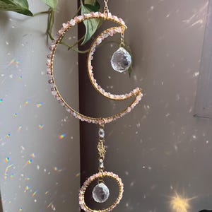 Rose Quartz Crystal Moon Suncatcher: Window Decor