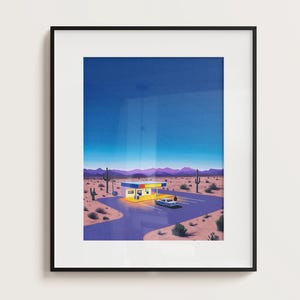 May include: A digital painting of a desert diner with a car parked in front. The diner is lit up with yellow lights and has a blue and yellow color scheme. The sky is a deep blue with purple mountains in the distance.