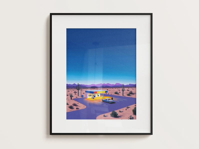 May include: A digital painting of a desert diner with a car parked in front. The diner is lit up with yellow lights and has a blue and yellow color scheme. The sky is a deep blue with purple mountains in the distance.