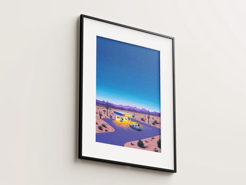 May include: A framed illustration of a desert landscape with a yellow and blue building, a car, and a starry night sky.