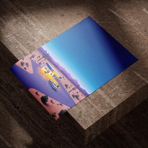 May include: A digital illustration of a gas station in the desert at night. The gas station is lit up with yellow lights and there is a car driving away from it. The sky is a deep blue with stars.