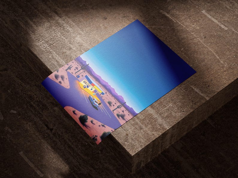 May include: A digital illustration of a gas station in the desert at night. The gas station is lit up with yellow lights and there is a car driving away from it. The sky is a deep blue with stars.