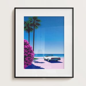 White Ferrari City Pop Poster, City pop, Groovy Aesthetics Poster, Japanese pop art, Hiroshi Nagai, Minimal Coastal Setting Poster
