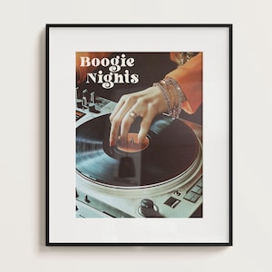 Póster de Boogie, impresión de música retro, arte de pared vintage, decoración de pared colorida de los años 70, arte de pared de música retro, impresión de tocadiscos, póster de Boogie Nights