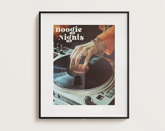 Poster Boogie, stampa di musica retrò, arte murale vintage, decorazione murale colorata anni '70, arte murale di musica retrò, stampa di giradischi, poster di Boogie Nights
