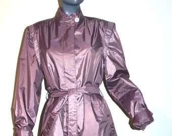 1980s Shiny Plum Purple Trench Coat Rain Coat.  Size 12.  VfG.  80s New wave Rain coat.  Steel Plum.  With belt.