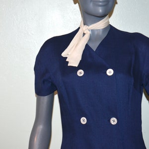 1960s Anne Fogarty Blue button front dress.  double breasted with scarf.  Royal Blue iridescent buttons.  VFG Bust 36