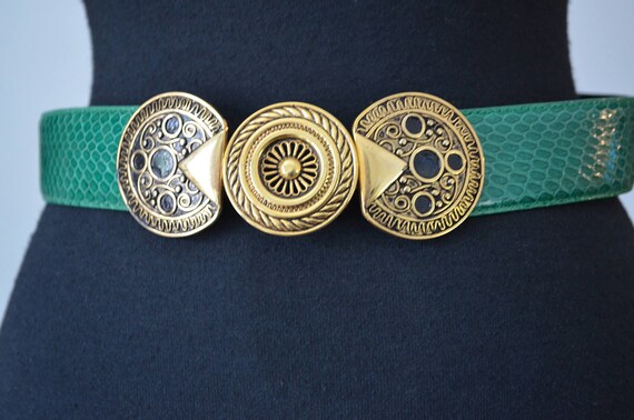 Vintage NOS Belt Green Snakeskin. Articulated Med… - image 3