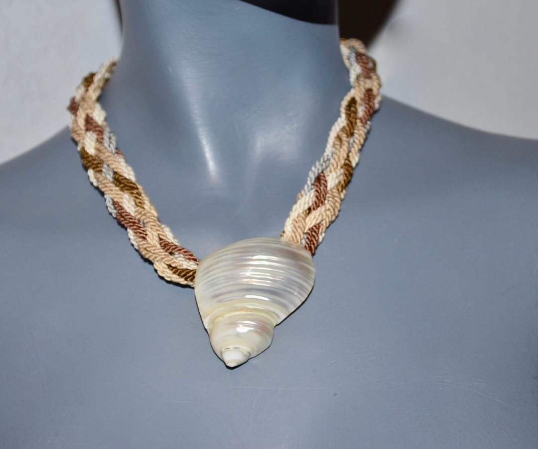 Vintage Shell Necklace With Braided Cord. Brown Braid With Serial Shell ...