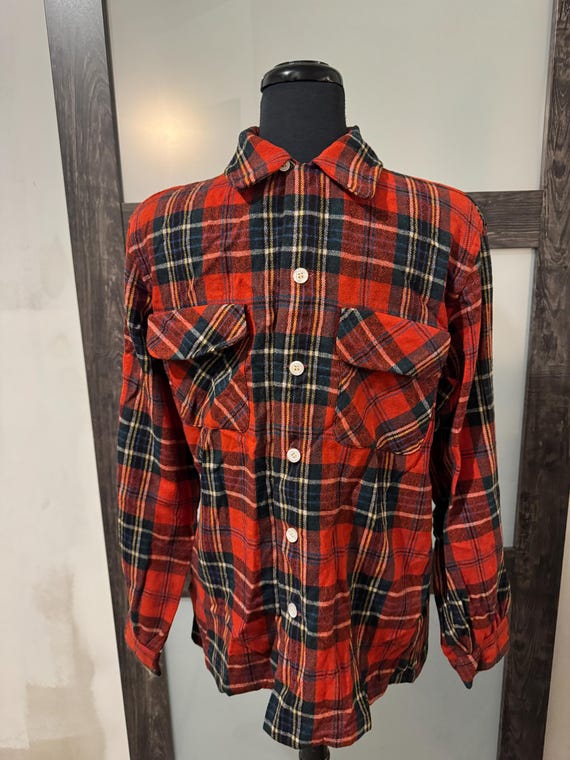1960s Mens Blue Plaid Shirt with Loop Collar