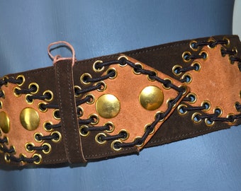 Vintage Raoul Calabro wide 1970s Suede laced up belt with patchwork diamond pattern.  With tag. VFG