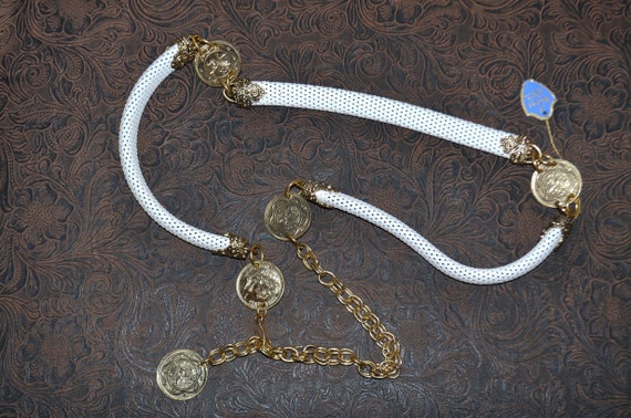 Vintage 1970s white Mesh Chain belt.  gold Coin M… - image 1