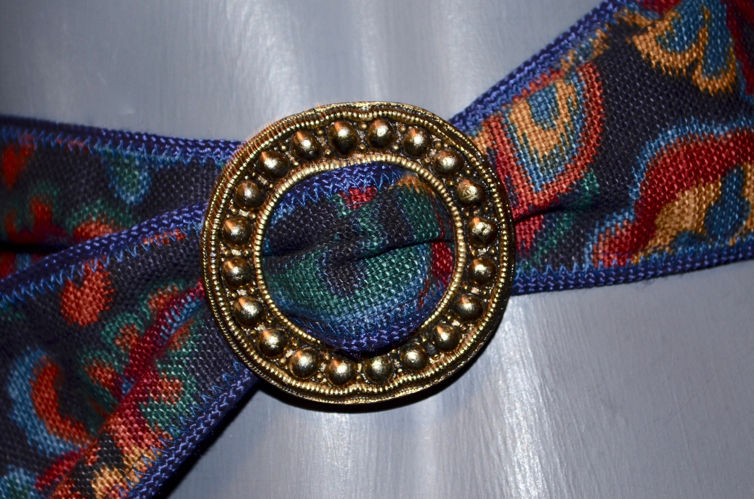 Vintage 1980s Tapestry Belt. Dark Blue Floral Paisley Print 