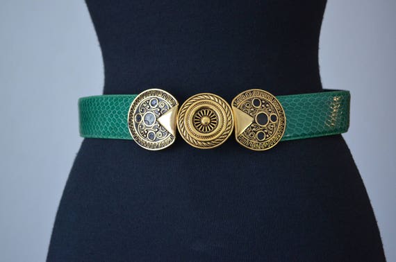 Vintage NOS Belt Green Snakeskin. Articulated Med… - image 4