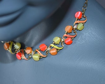 Vintage 1950s 1960s Midcentury thermoset choker necklace adjustable.  Candy Colors. enamel and iridescent rhinestones. Coral and lime.  VFG