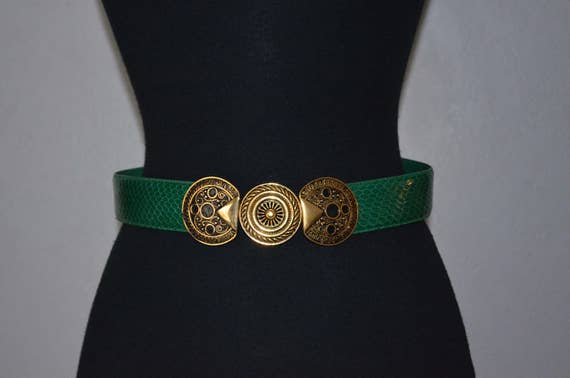 Vintage NOS Belt Green Snakeskin. Articulated Med… - image 2