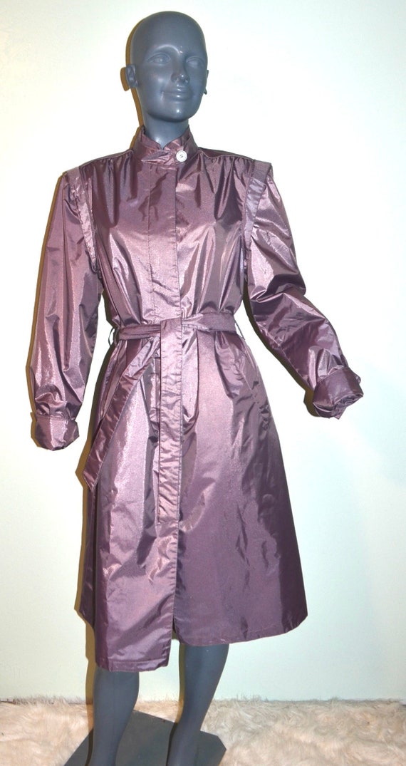 1980s Shiny Plum Purple Trench Coat Rain Coat.  Si