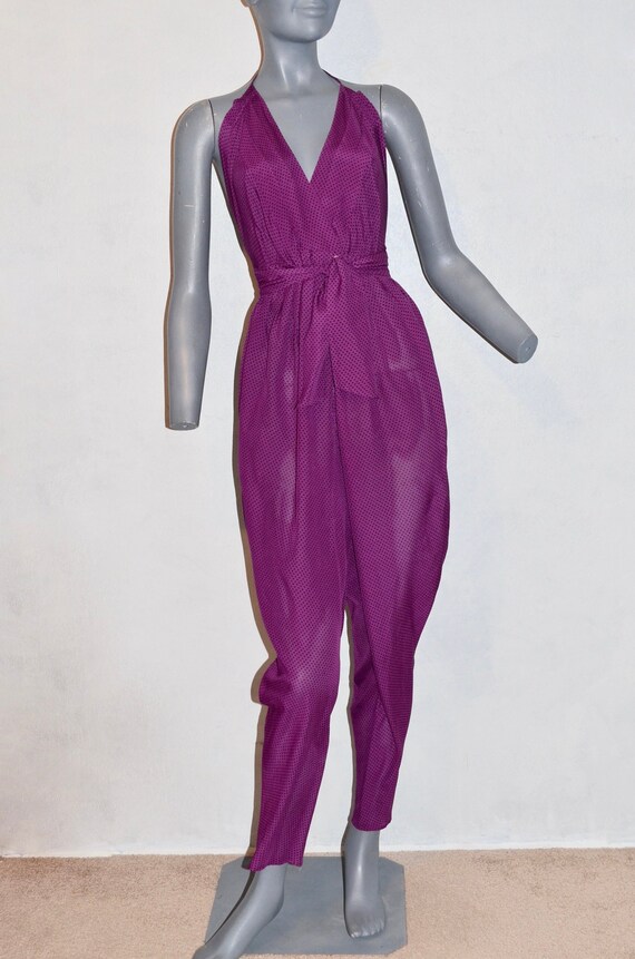 1980s Vintage Purple Halter Jumpsuit. Purple Grap