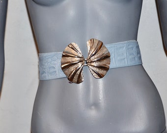 Vintage Volup blue Leather belt.  Wide Silver Shell buckle set by Gay Boyer oversized buckle.  Plus  36 waist  or less