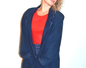 1980s long Denim Blazer. streetwear.  denim jacket.  1X by Hunter's Run.  VFG