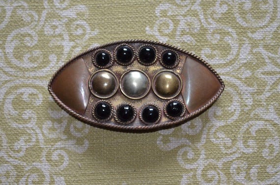 Vintage artisan Mixed metal Belt buckle. Onyx ste… - image 1