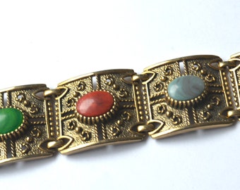 1970s Sarah Cov Cabochon Link bracelet.  Etruscan Revival.  Antiqued gold tone.  VFG