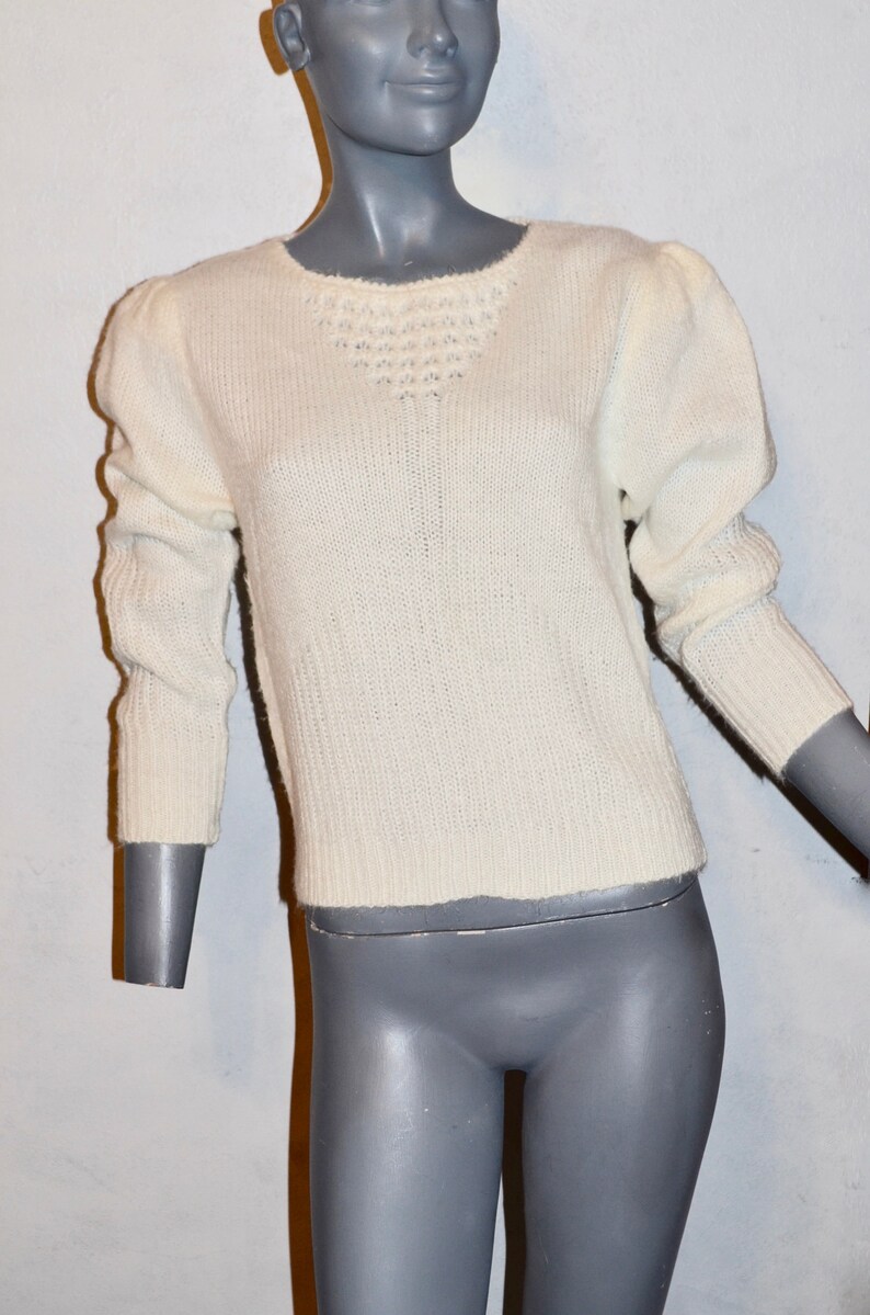 Bust 38 VFG Puff sleeves medium Romantic off white fuzzy sweater Vintage 1980s Boho romantic Sweater By Albee