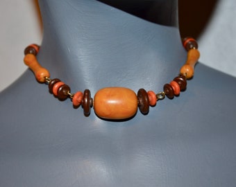 1970s Sarah Cov Boho Beaded necklace.  Wood marbled beads choker adjustable.  VFG Perfect for fall. orange and brown.