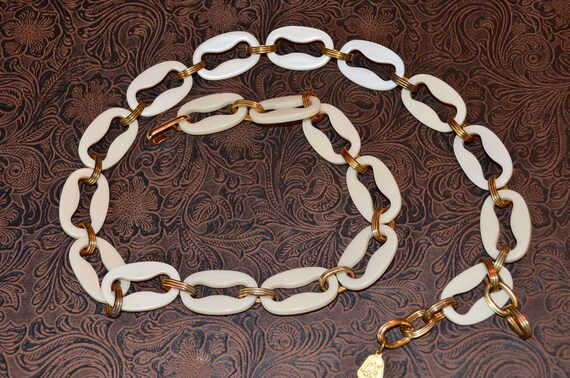 Vintage Belt 60s Gold Link Chain Belt with White Jewels Beads Medium
