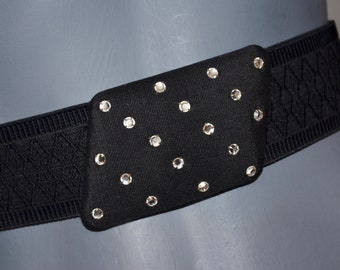 Custom size Elastic cinch Stretch Belt with Rhinestone buckle.  Textured Elastic.  Prong set rhinestones.