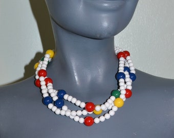 Vintage 80s 90s  White triple strand beaded necklace with primary color pop beads.  VFG.