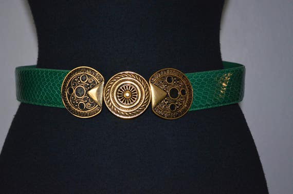 Vintage NOS Belt Green Snakeskin. Articulated Med… - image 1