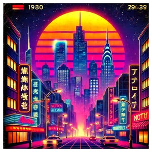 80s Retro Neon City Poster | Vintage Cyberpunk Aesthetic | Digital Download | Printable Wall Art | Vaporwave Decor