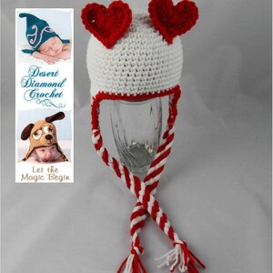 Crochet Pattern 011 Heart Ears Earflap Beanie Hat All Sizes image 2