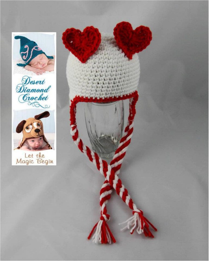 Crochet Pattern 011 Heart Ears Earflap Beanie Hat All Sizes image 2