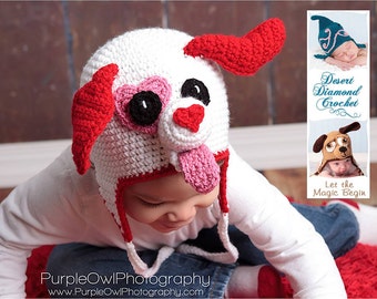 Crochet Pattern 051 - Valentine Puppy Love Earflap Beanie Hat - All Sizes