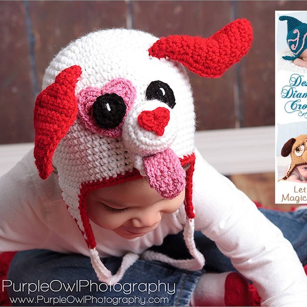 Crochet Pattern 051 - Valentine Puppy Love Earflap Beanie Hat - All Sizes