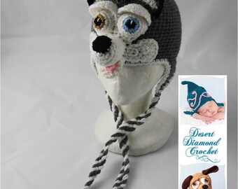Crochet Pattern 060 - Siberian Husky Earflap Beanie Hat - All Sizes