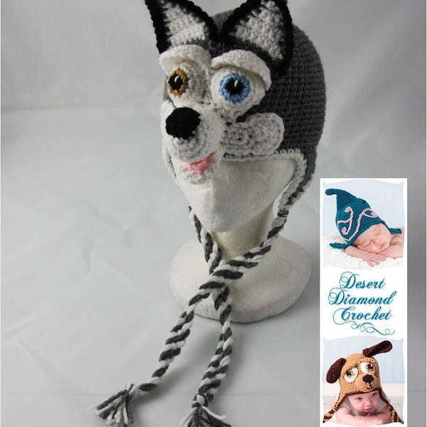 Crochet Pattern 060 - Siberian Husky Earflap Beanie Hat - All Sizes