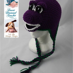 Crochet Pattern 050 Purple Dinosaur Beanie Hat All Sizes image 1