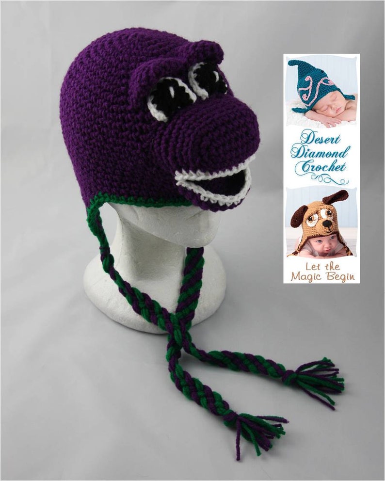 Crochet Pattern 050 Purple Dinosaur Beanie Hat All Sizes image 2