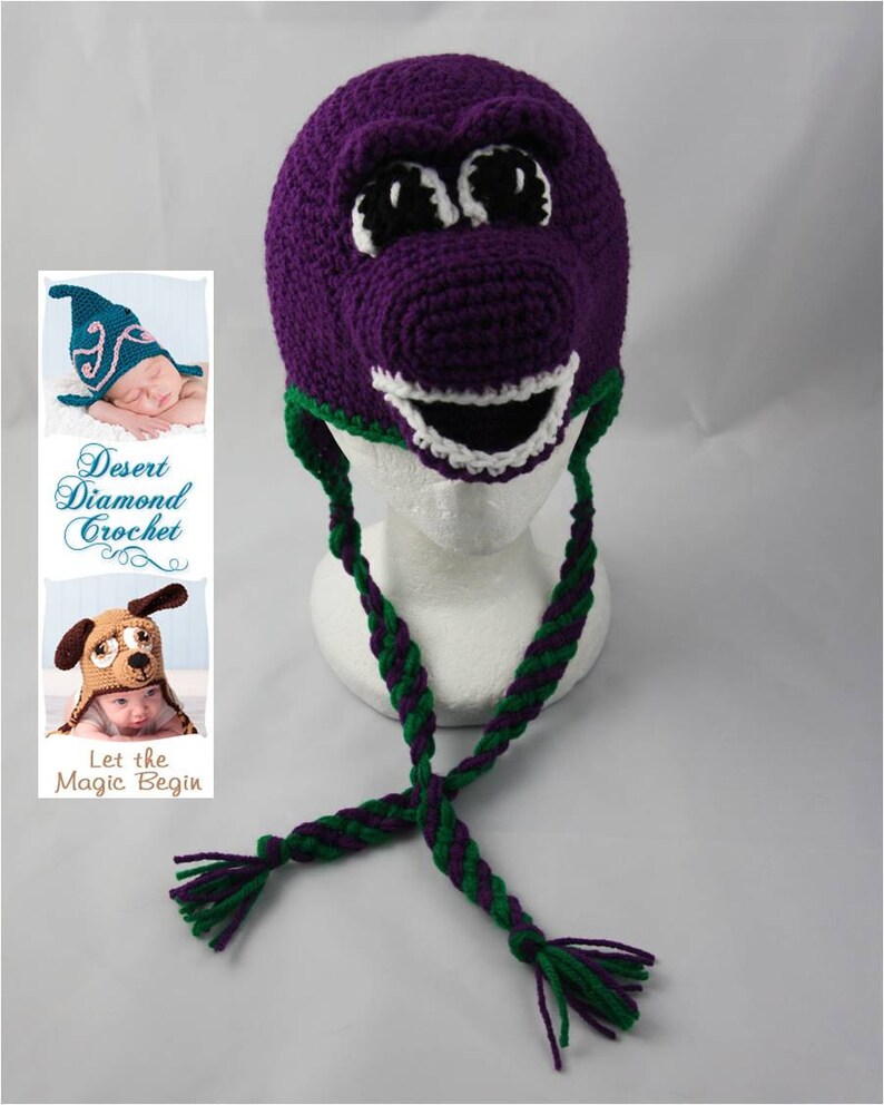 Crochet Pattern 050 Purple Dinosaur Beanie Hat All Sizes image 3