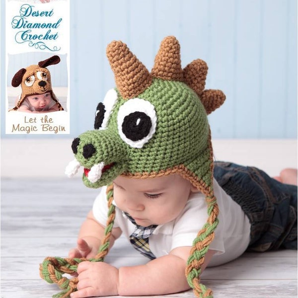 Crochet Pattern 005 - Dinosaur Earflap Beanie Hat - All Sizes